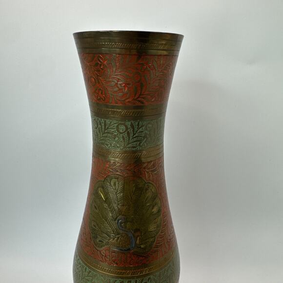 Vintage Solid Brass Vase Etched floral Peacock Pattern 10" - Picture 4 of 8